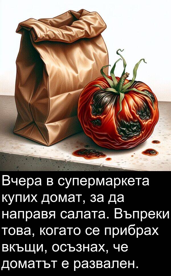развален: Вчера в супермаркета купих домат, за да направя салата. Въпреки това, когато се прибрах вкъщи, осъзнах, че доматът е развален.