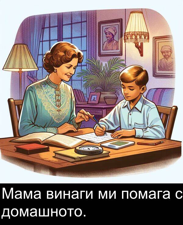 домашното: Мама винаги ми помага с домашното.