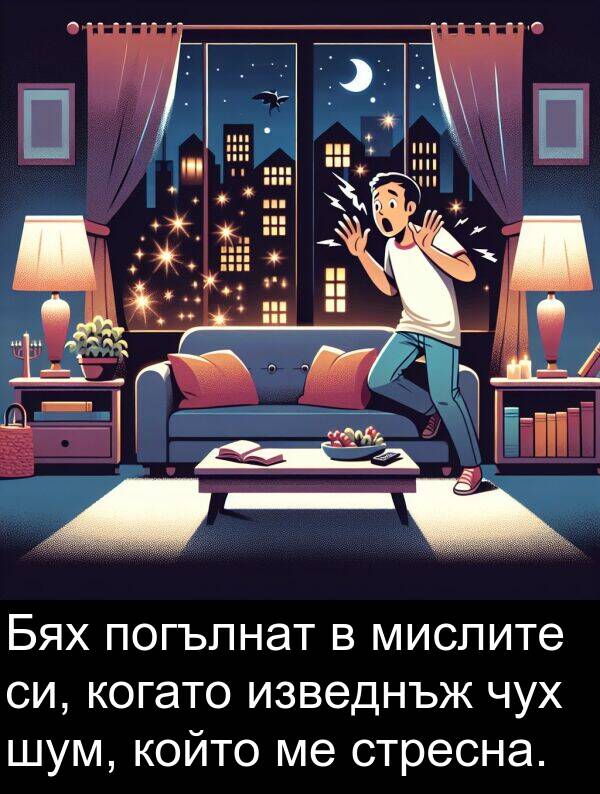 шум: Бях погълнат в мислите си, когато изведнъж чух шум, който ме стресна.