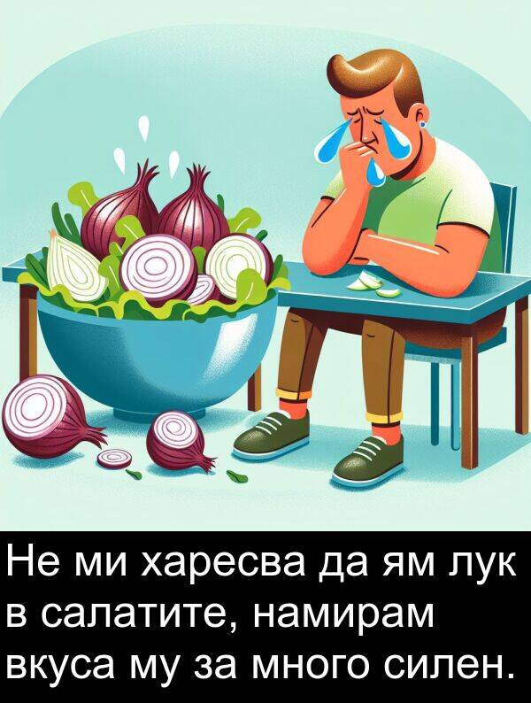 салатите: Не ми харесва да ям лук в салатите, намирам вкуса му за много силен.