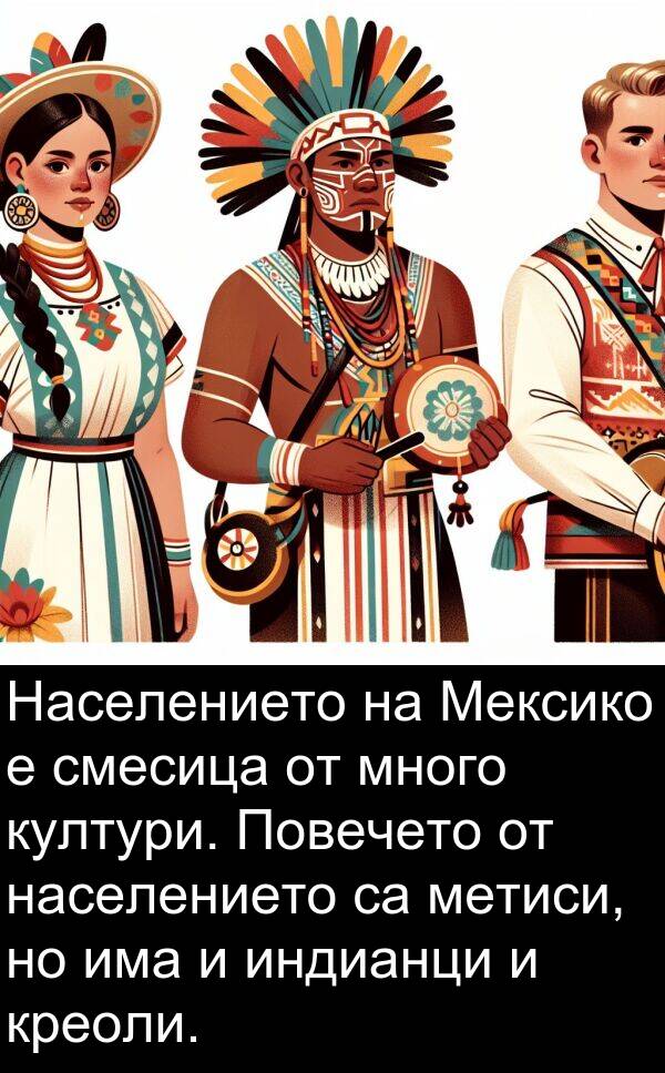 смесица: Населението на Мексико е смесица от много култури. Повечето от населението са метиси, но има и индианци и креоли.