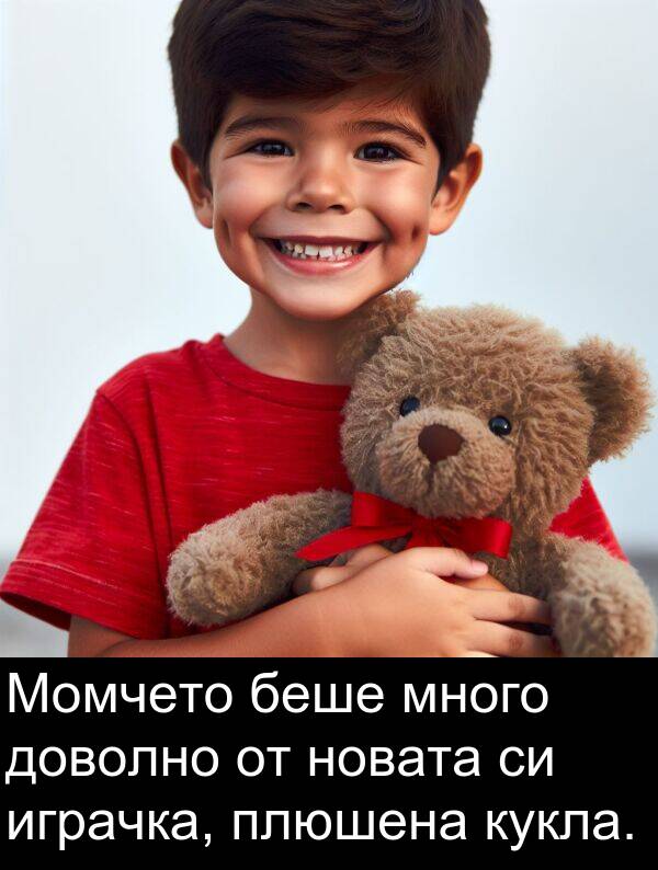 играчка: Момчето беше много доволно от новата си играчка, плюшена кукла.