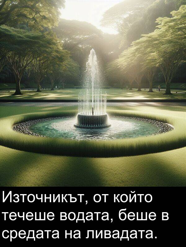 водата: Източникът, от който течеше водата, беше в средата на ливадата.