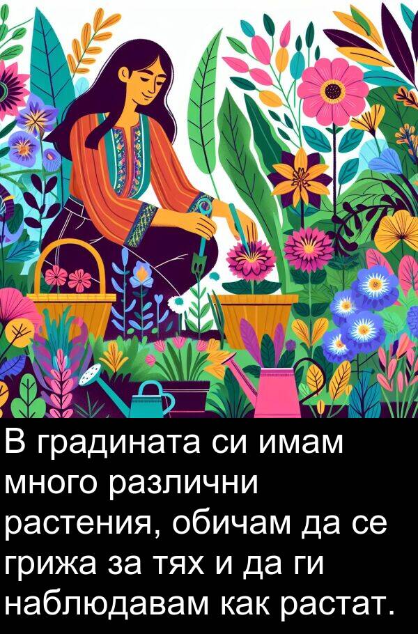 наблюдавам: В градината си имам много различни растения, обичам да се грижа за тях и да ги наблюдавам как растат.
