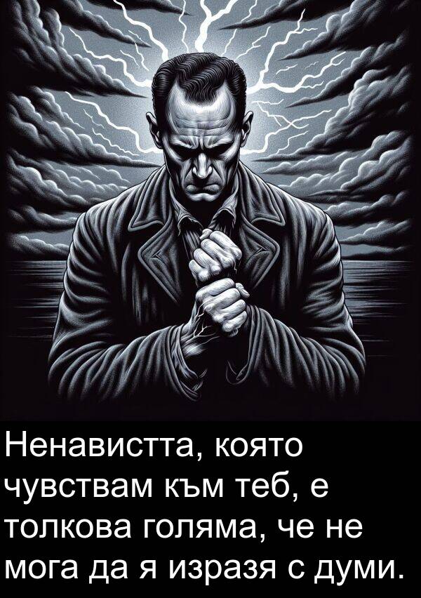 чувствам: Ненавистта, която чувствам към теб, е толкова голяма, че не мога да я изразя с думи.