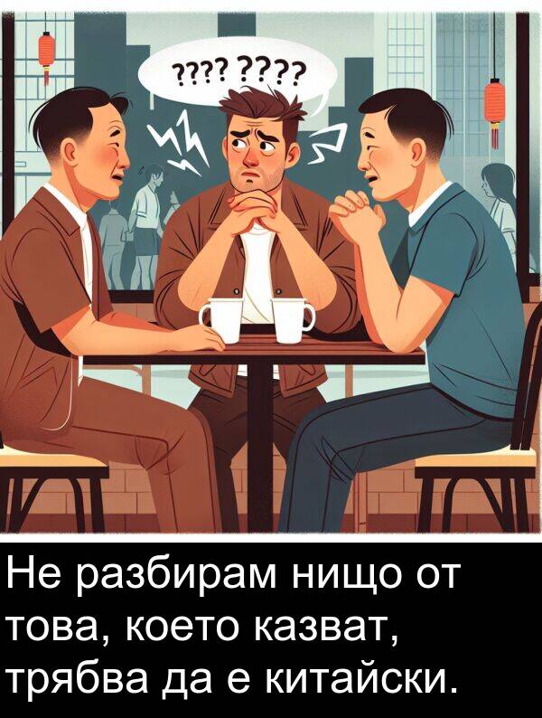 разбирам: Не разбирам нищо от това, което казват, трябва да е китайски.