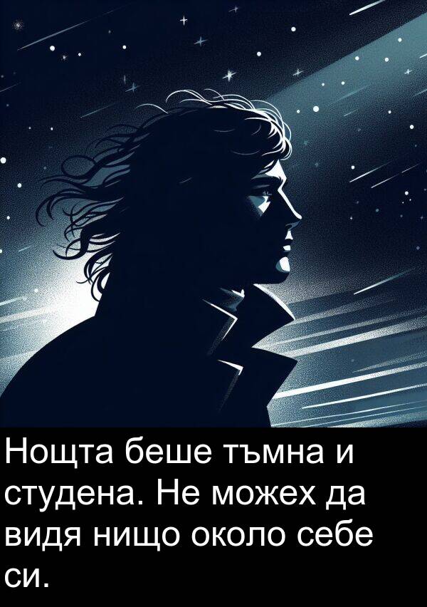 можех: Нощта беше тъмна и студена. Не можех да видя нищо около себе си.