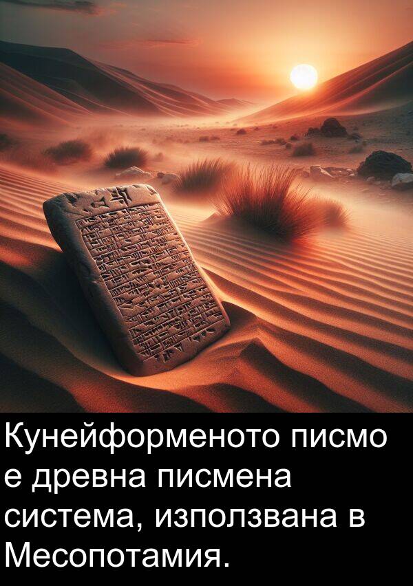писмо: Кунейформеното писмо е древна писмена система, използвана в Месопотамия.