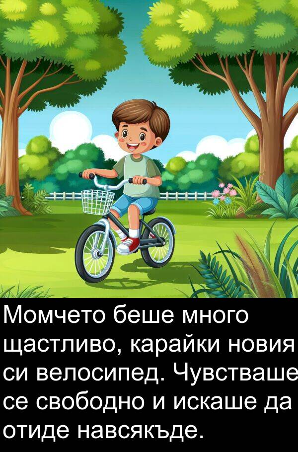 навсякъде: Момчето беше много щастливо, карайки новия си велосипед. Чувстваше се свободно и искаше да отиде навсякъде.