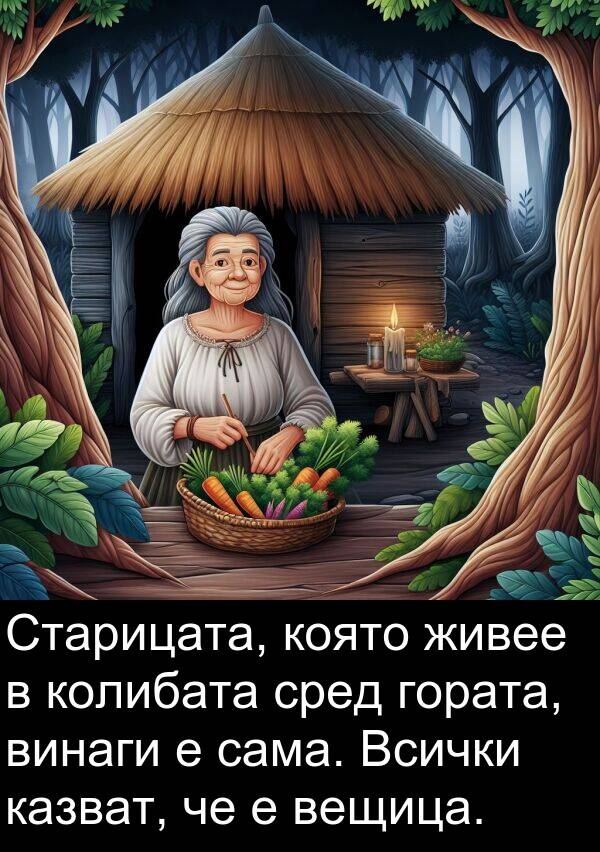 сама: Старицата, която живее в колибата сред гората, винаги е сама. Всички казват, че е вещица.