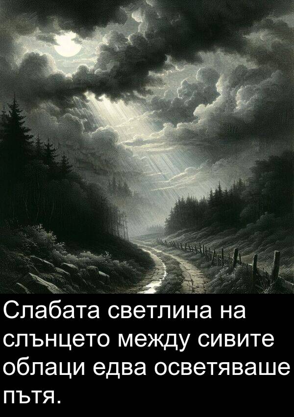 облаци: Слабата светлина на слънцето между сивите облаци едва осветяваше пътя.