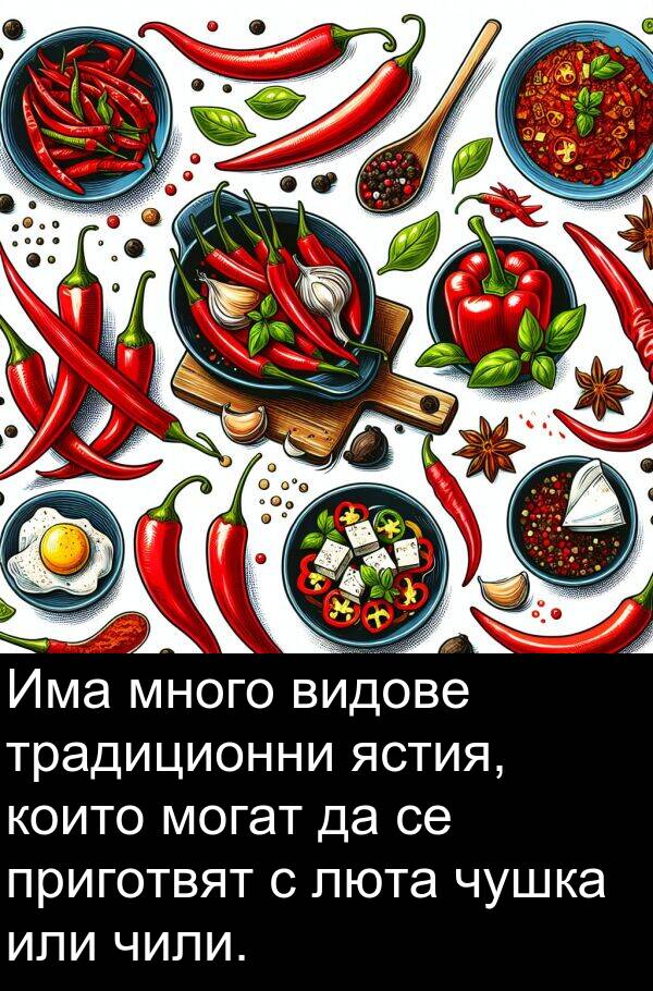 традиционни: Има много видове традиционни ястия, които могат да се приготвят с люта чушка или чили.