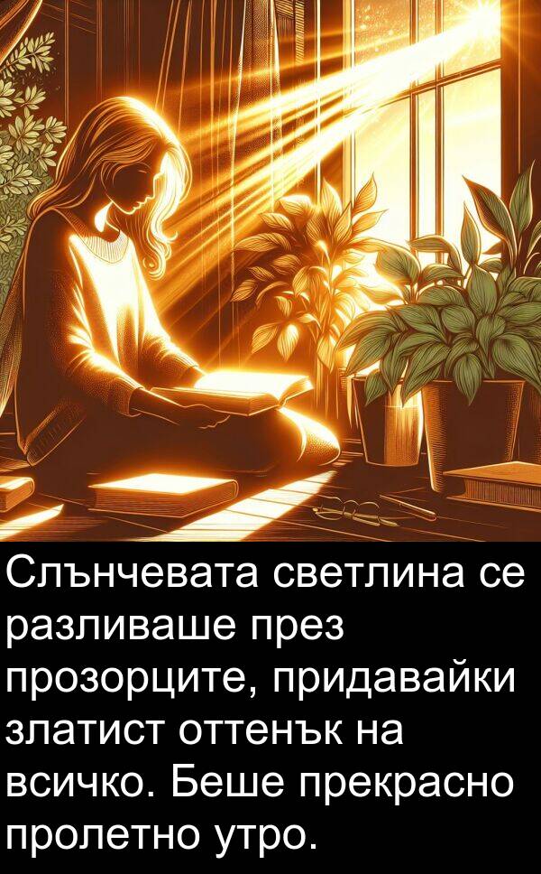 пролетно: Слънчевата светлина се разливаше през прозорците, придавайки златист оттенък на всичко. Беше прекрасно пролетно утро.