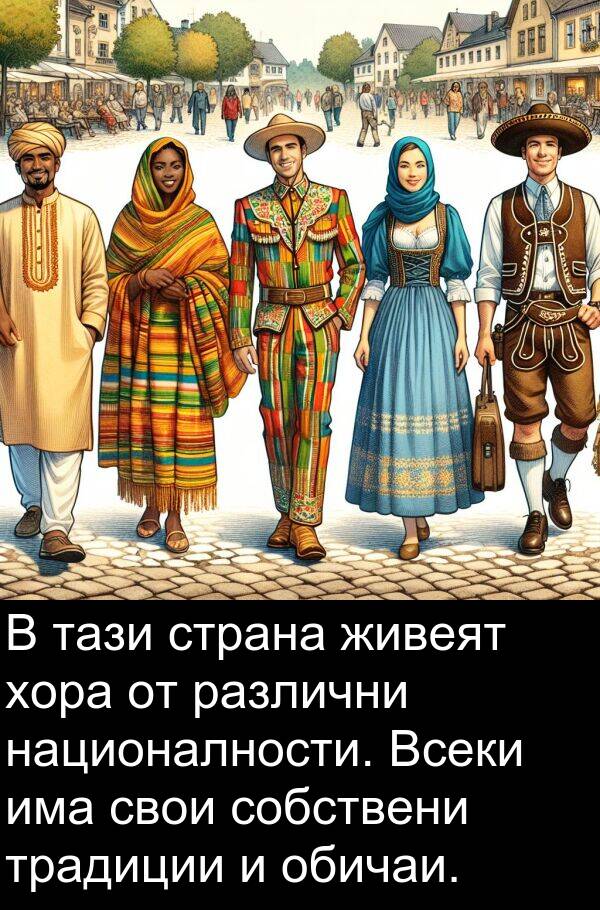 традиции: В тази страна живеят хора от различни националности. Всеки има свои собствени традиции и обичаи.