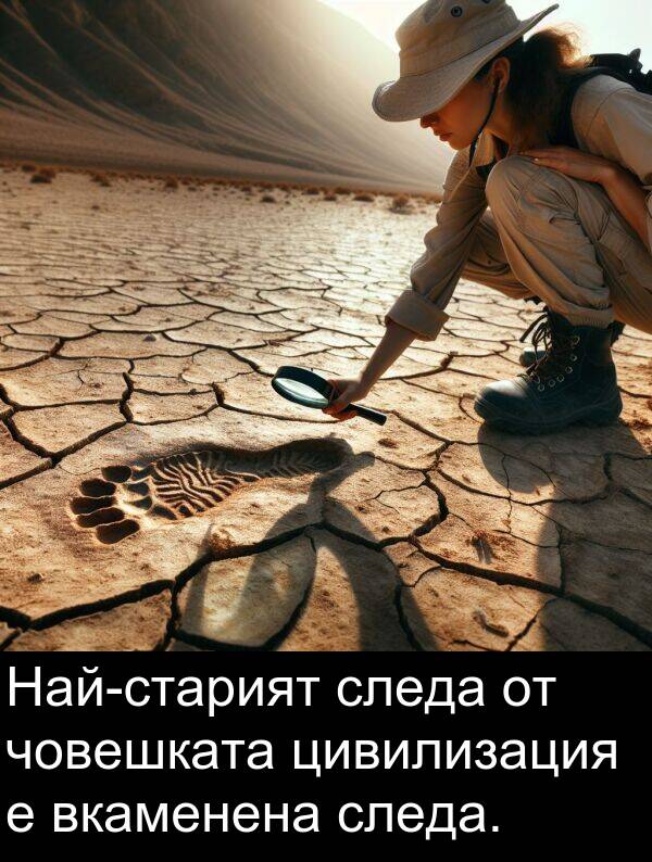 човешката: Най-старият следа от човешката цивилизация е вкаменена следа.