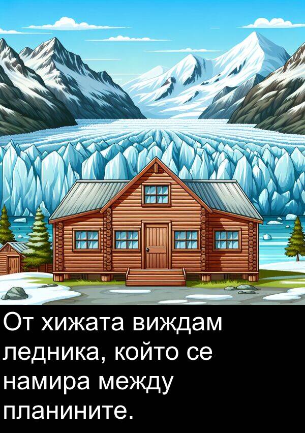 ледника: От хижата виждам ледника, който се намира между планините.