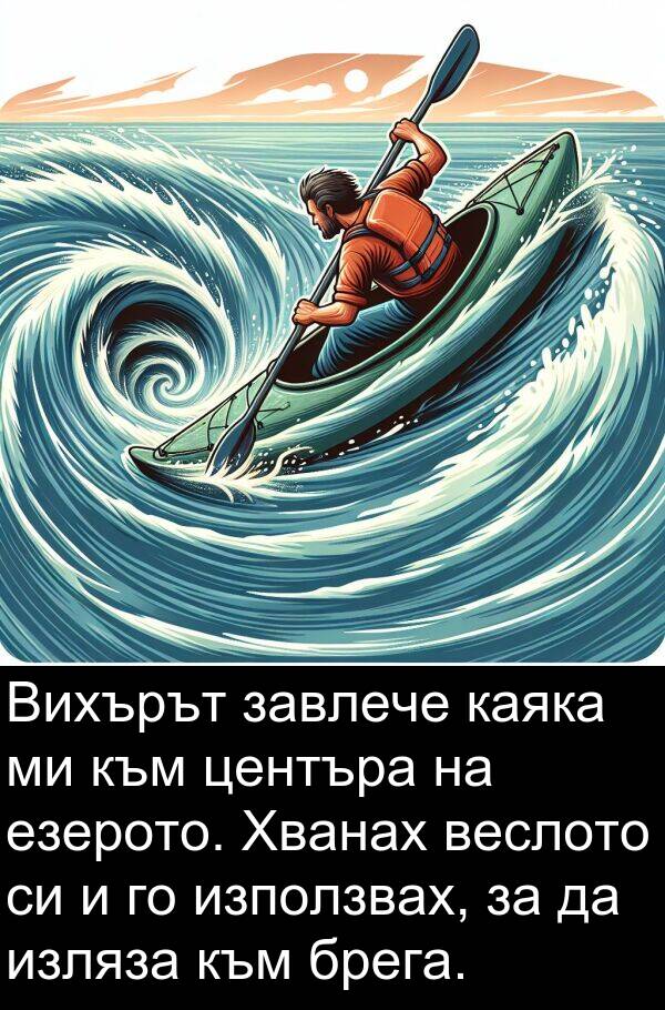 езерото: Вихърът завлече каяка ми към центъра на езерото. Хванах веслото си и го използвах, за да изляза към брега.