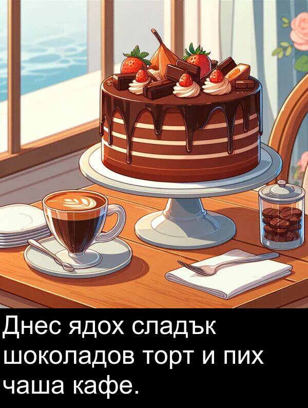 чаша: Днес ядох сладък шоколадов торт и пих чаша кафе.