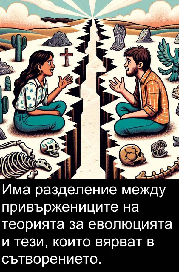 еволюцията: Има разделение между привържениците на теорията за еволюцията и тези, които вярват в сътворението.