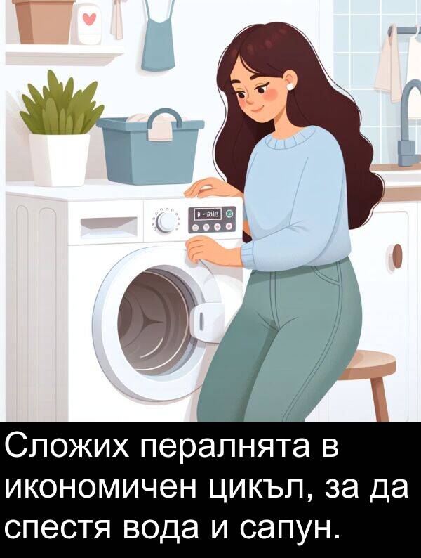 сапун: Сложих пералнята в икономичен цикъл, за да спестя вода и сапун.