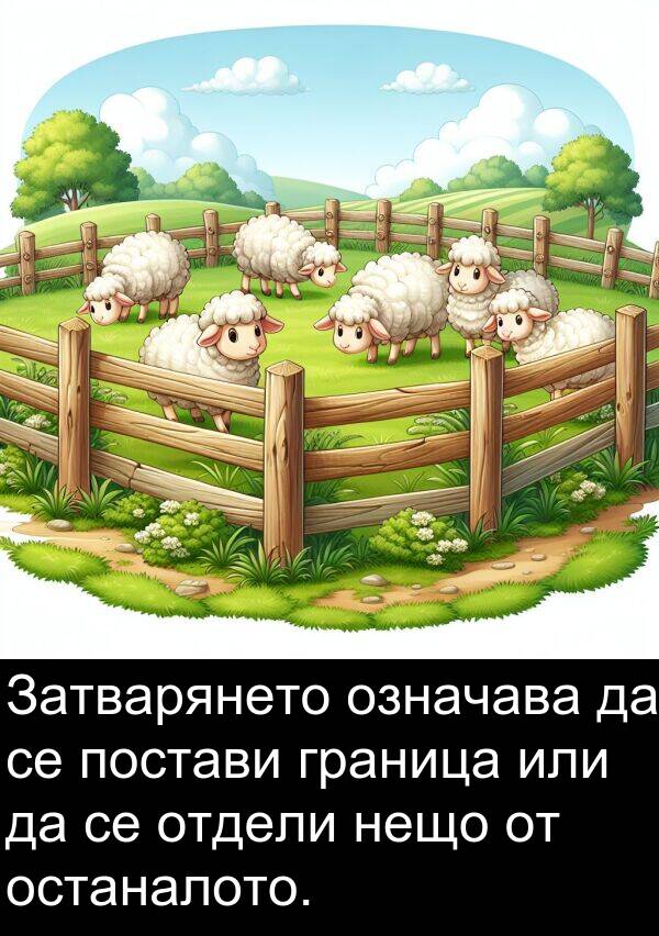 отдели: Затварянето означава да се постави граница или да се отдели нещо от останалото.