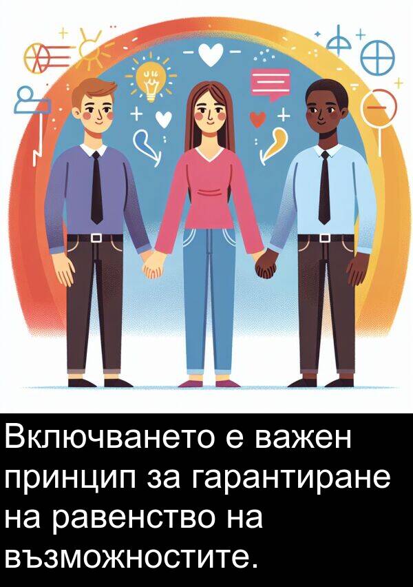 равенство: Включването е важен принцип за гарантиране на равенство на възможностите.