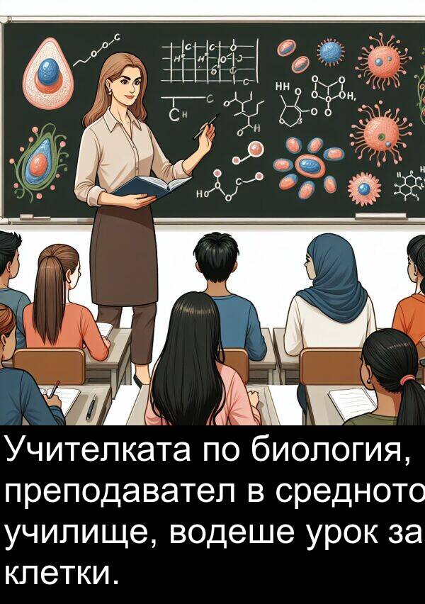 средното: Учителката по биология, преподавател в средното училище, водеше урок за клетки.