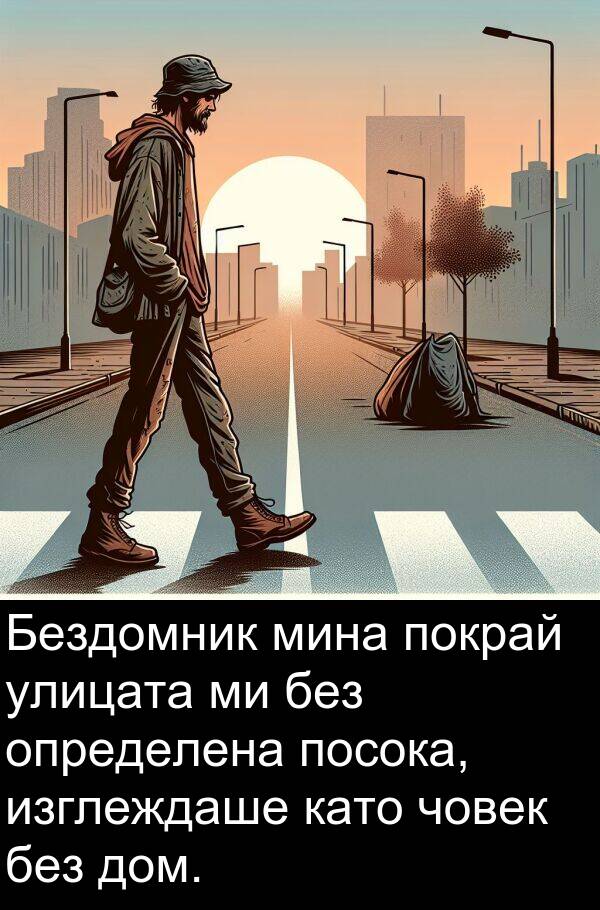 дом: Бездомник мина покрай улицата ми без определена посока, изглеждаше като човек без дом.