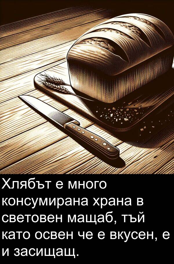 освен: Хлябът е много консумирана храна в световен мащаб, тъй като освен че е вкусен, е и засищащ.