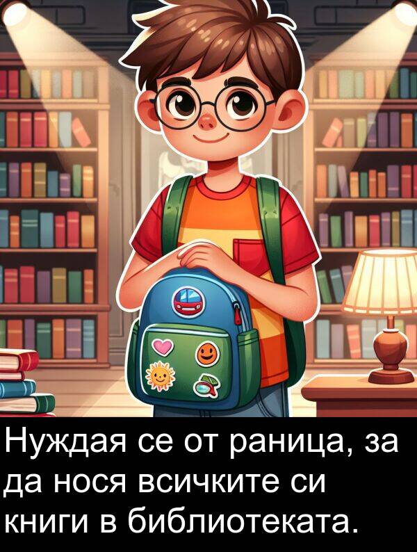 раница: Нуждая се от раница, за да нося всичките си книги в библиотеката.