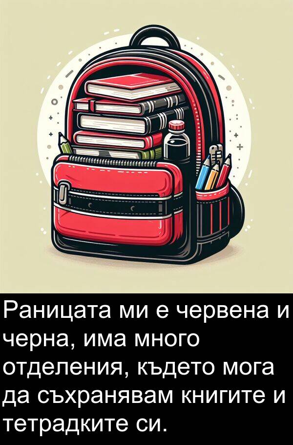 черна: Раницата ми е червена и черна, има много отделения, където мога да съхранявам книгите и тетрадките си.