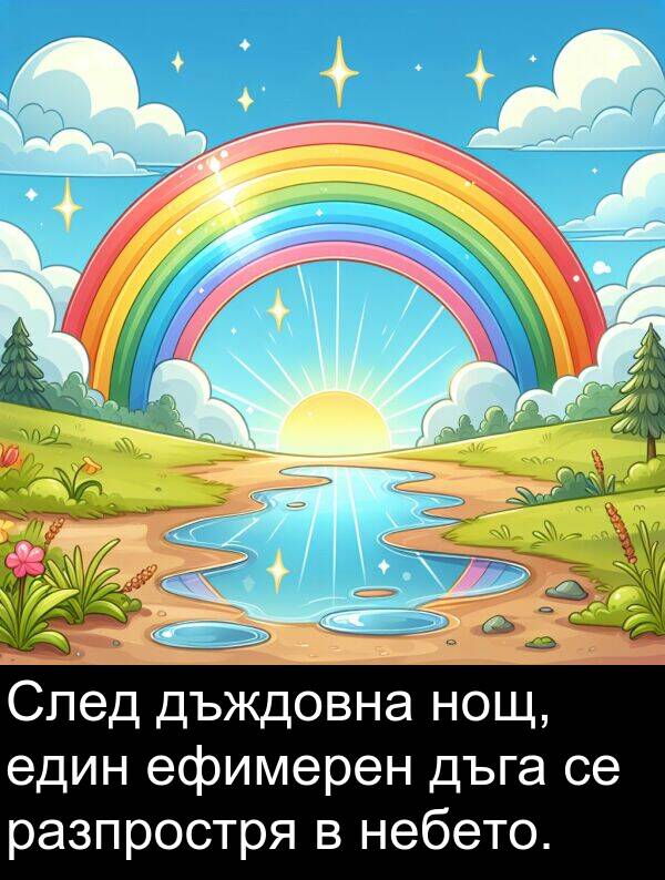 един: След дъждовна нощ, един ефимерен дъга се разпростря в небето.