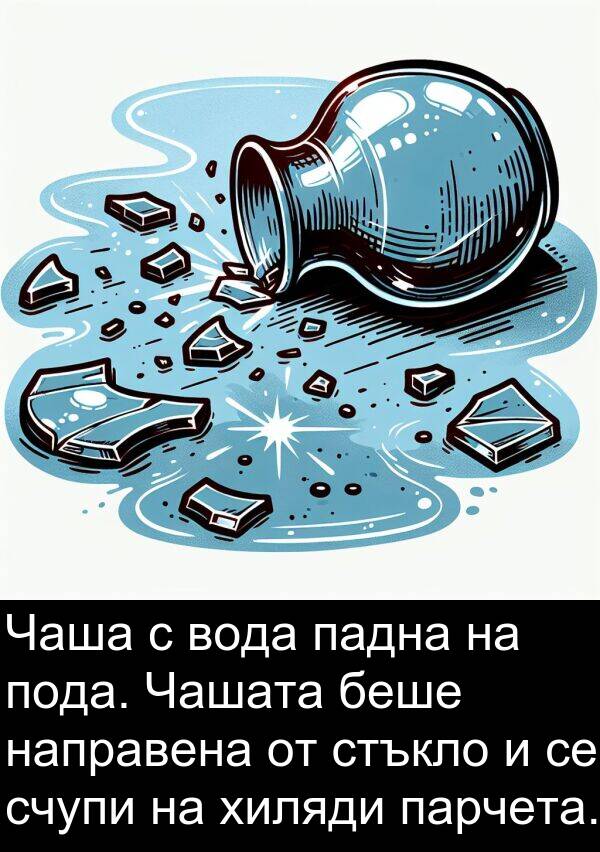 падна: Чаша с вода падна на пода. Чашата беше направена от стъкло и се счупи на хиляди парчета.