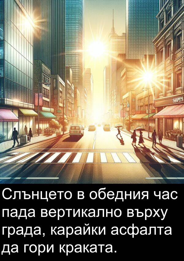 час: Слънцето в обедния час пада вертикално върху града, карайки асфалта да гори краката.