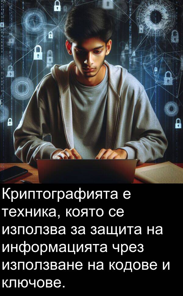 чрез: Криптографията е техника, която се използва за защита на информацията чрез използване на кодове и ключове.