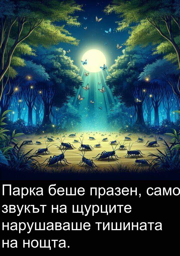 само: Парка беше празен, само звукът на щурците нарушаваше тишината на нощта.