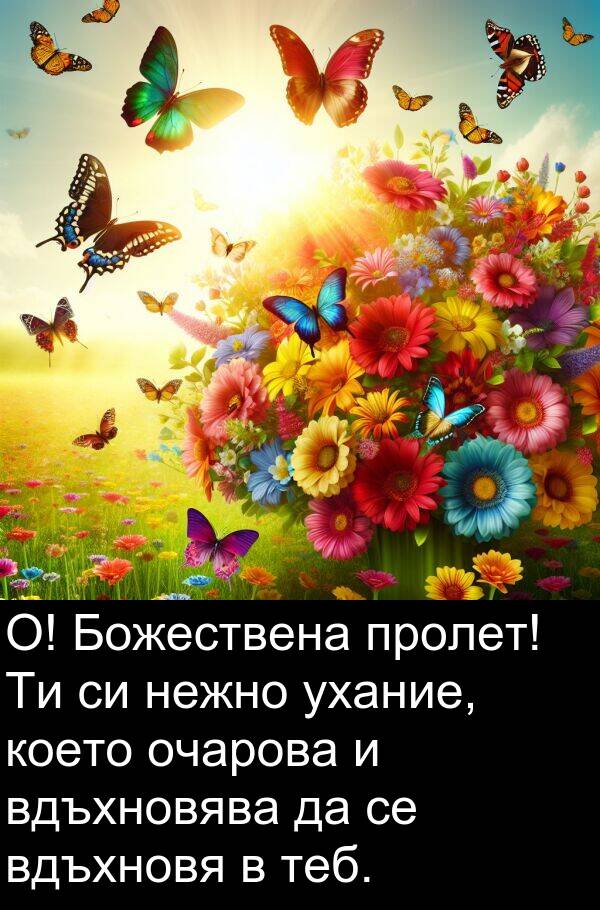 нежно: О! Божествена пролет! Ти си нежно ухание, което очарова и вдъхновява да се вдъхновя в теб.