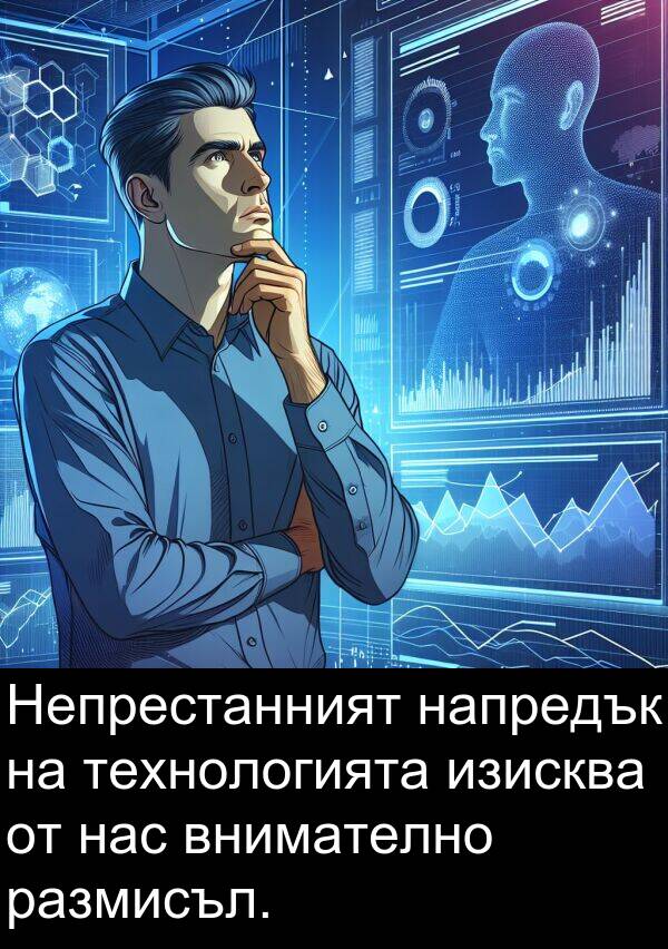 изисква: Непрестанният напредък на технологията изисква от нас внимателно размисъл.