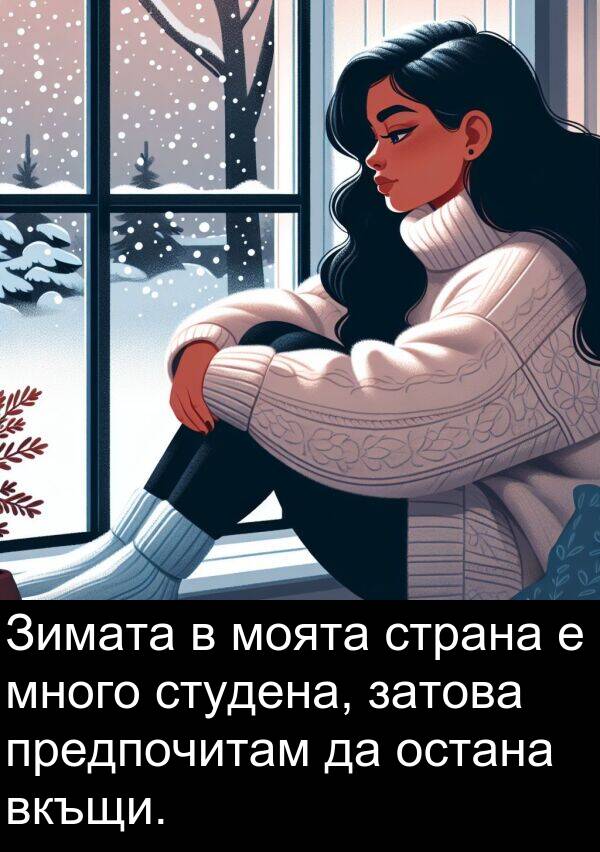 предпочитам: Зимата в моята страна е много студена, затова предпочитам да остана вкъщи.