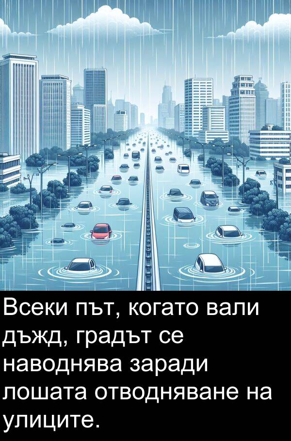 наводнява: Всеки път, когато вали дъжд, градът се наводнява заради лошата отводняване на улиците.