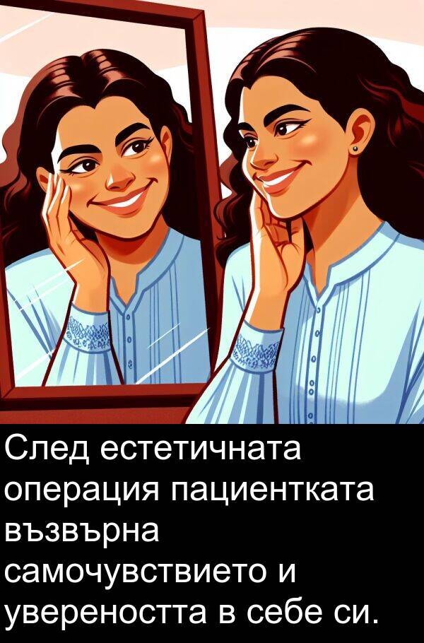 увереността: След естетичната операция пациентката възвърна самочувствието и увереността в себе си.