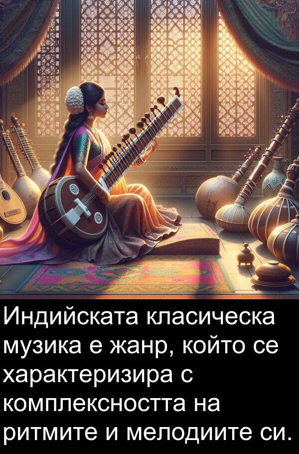 характеризира: Индийската класическа музика е жанр, който се характеризира с комплексността на ритмите и мелодиите си.