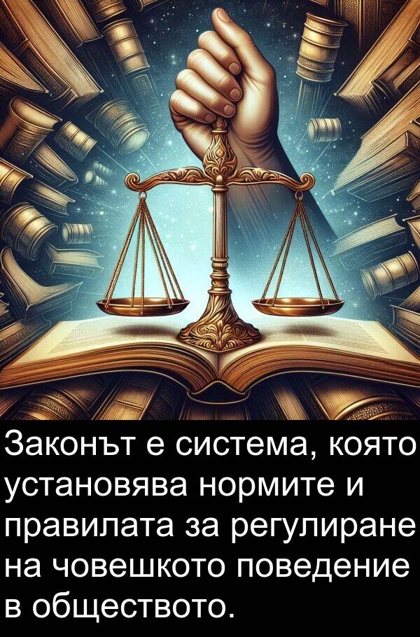 обществото: Законът е система, която установява нормите и правилата за регулиране на човешкото поведение в обществото.