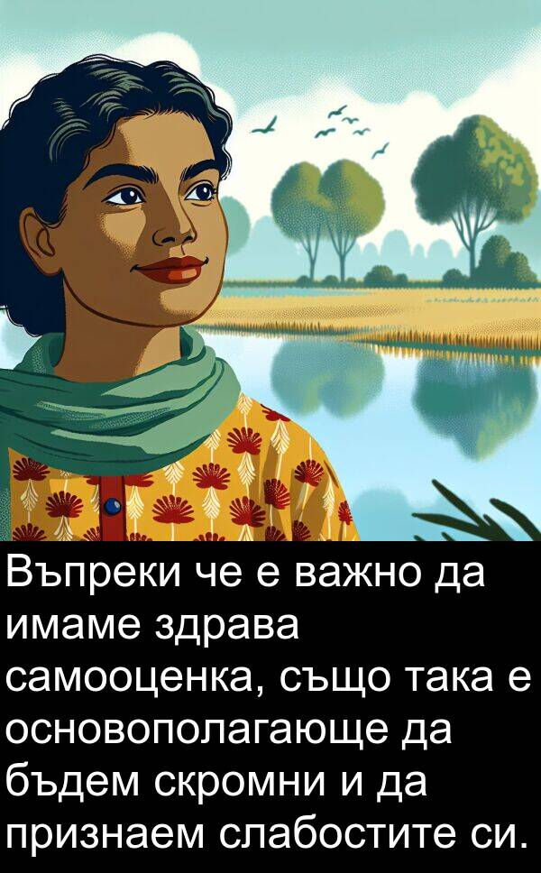 самооценка: Въпреки че е важно да имаме здрава самооценка, също така е основополагающе да бъдем скромни и да признаем слабостите си.