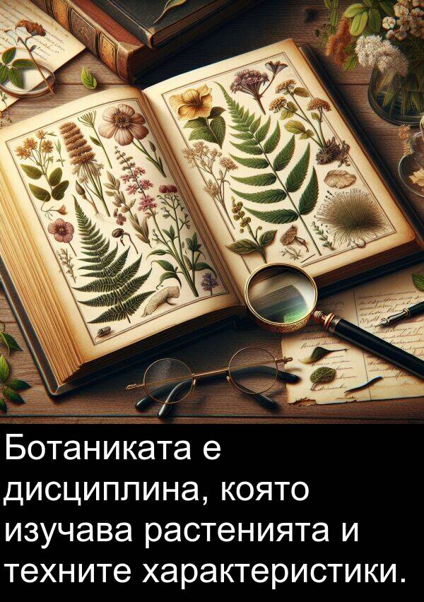 характеристики: Ботаниката е дисциплина, която изучава растенията и техните характеристики.