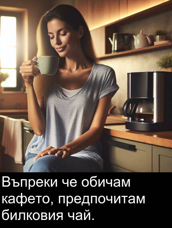 обичам: Въпреки че обичам кафето, предпочитам билковия чай.