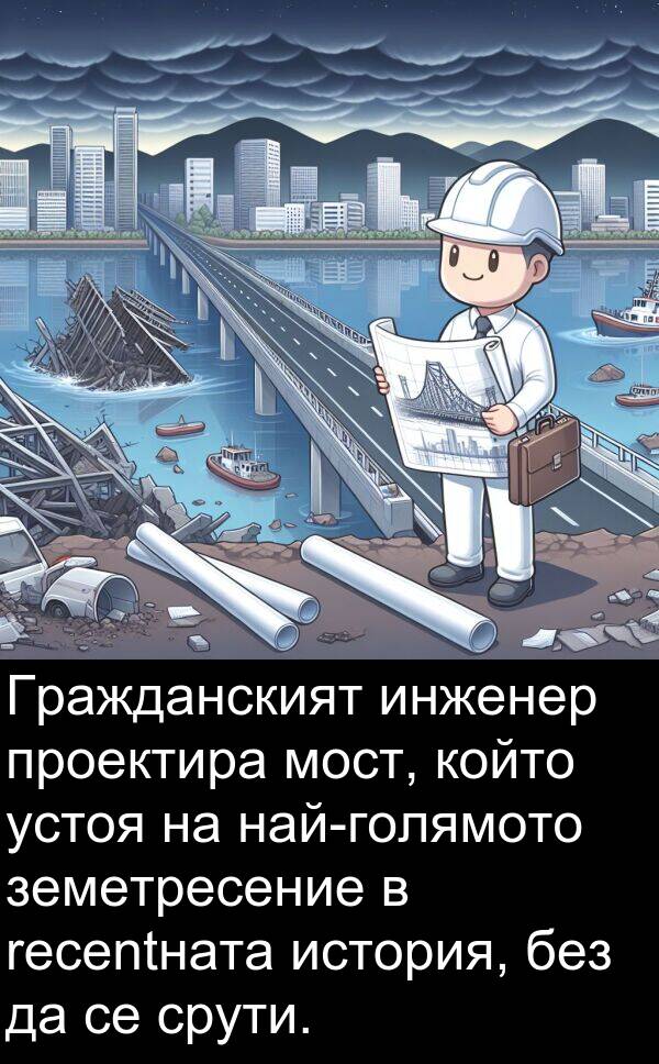 инженер: Гражданският инженер проектира мост, който устоя на най-голямото земетресение в recentната история, без да се срути.