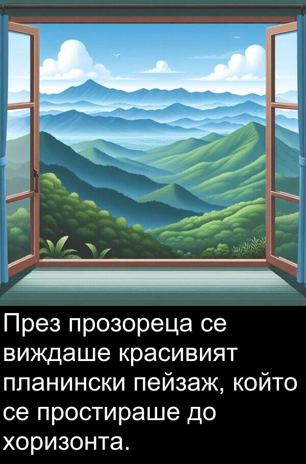 прозореца: През прозореца се виждаше красивият планински пейзаж, който се простираше до хоризонта.