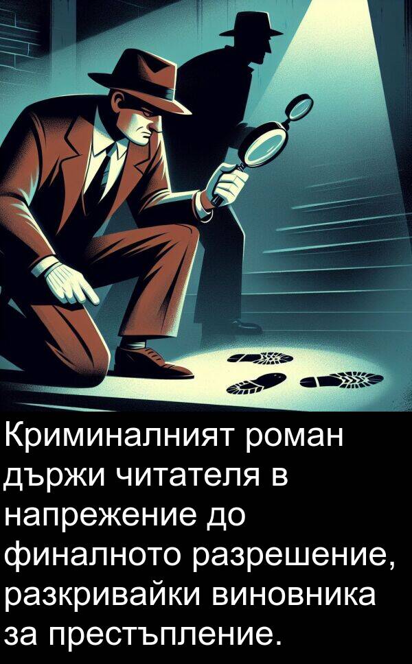читателя: Криминалният роман държи читателя в напрежение до финалното разрешение, разкривайки виновника за престъпление.