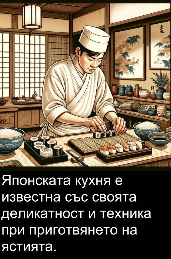 ястията: Японската кухня е известна със своята деликатност и техника при приготвянето на ястията.
